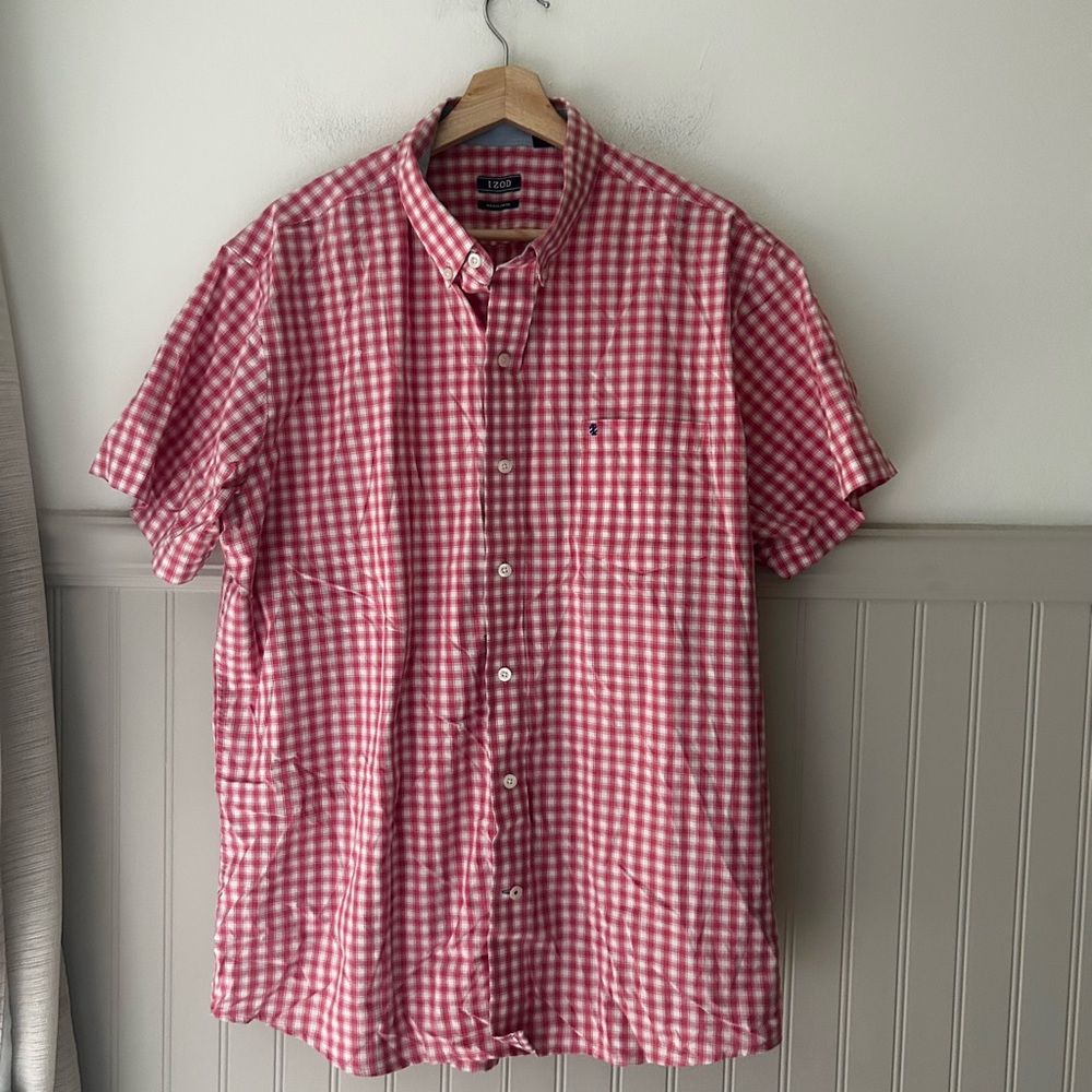 Y2K IZOD Men’s XL Red White Gingham Check Short Sleeve Button Down Shirt